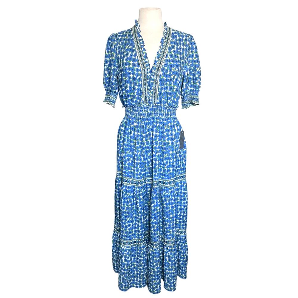 NWT MAX STUDIO London Women’s Blue and White Floral Tiered Midi Dress - Picture 2 of 5